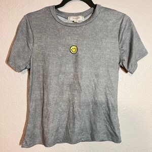 Gray Ribbed Shirt with Smiley Face
